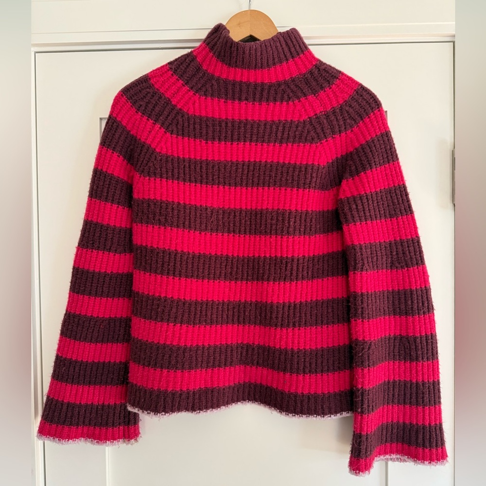 Anthropologie Maeve Striped Mick Neck Sweater in Fuchsia and Dark Burgundy XS